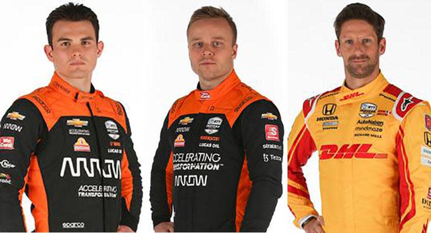 Pato O'Ward (from left), Felix Rosenqvist and Romain Grosjean, Row 3 for the 2022 Indianapolis 500.