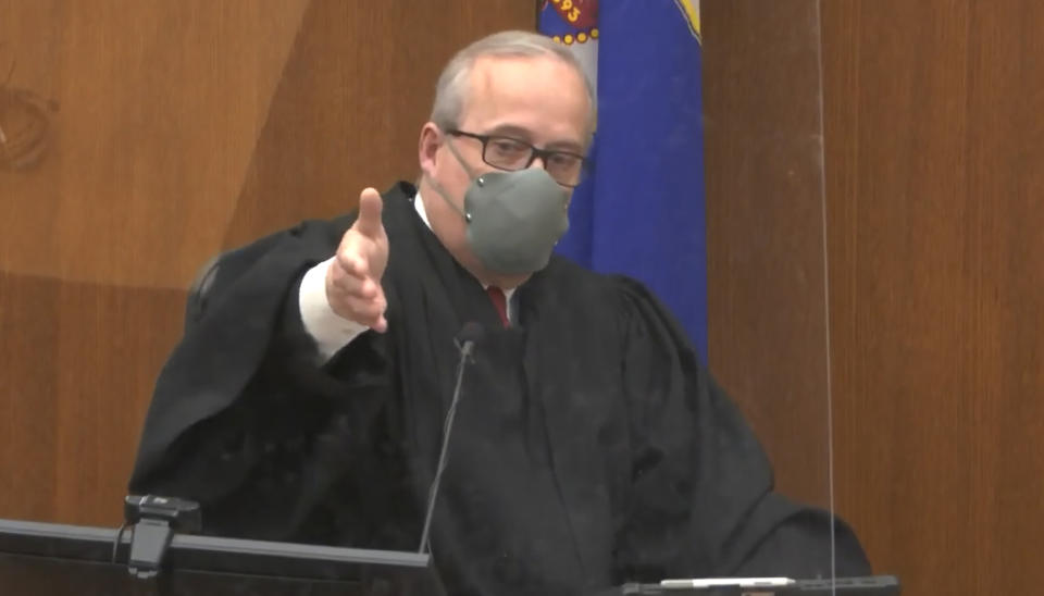 In this screen grab from video, Hennepin County Judge Peter Cahill presides over jury selection, Tuesday, March 23, 2021, in the trial of former Minneapolis police officer Derek Chauvin, in the May 25, 2020, death of George Floyd at the Hennepin County Courthouse in Minneapolis, Minn. (Court TV via AP, Pool)