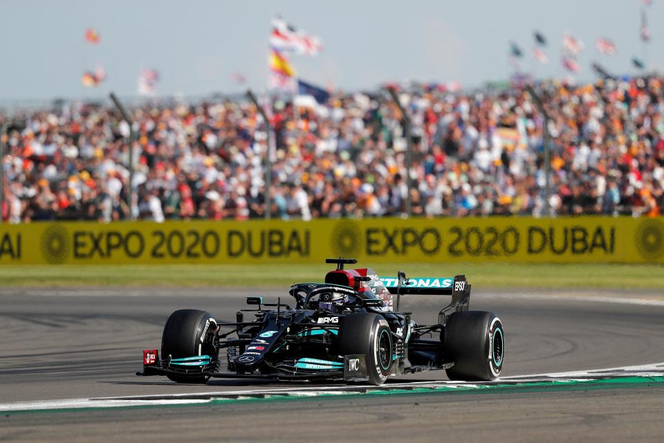 Mercedes' British driver Lewis Hamilton drives during the Formula One British Grand Prix motor race at Silverstone motor racing circuit in Silverstone, central England on July 18, 2021. (Photo by Adrian DENNIS / AFP) (Photo by ADRIAN DENNIS/AFP via Getty Images)