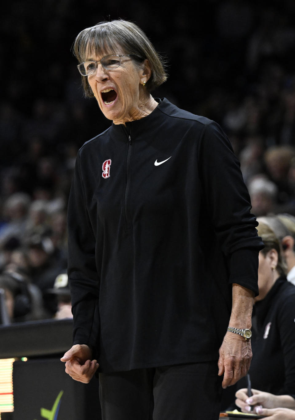 Stanford head coach Tara VaDerveer directs her team against Colorado in the first half of an NCAA college basketball game Sunday, Jan. 14, 2024, in Boulder, Colo. (AP Photo/Cliff Grassmick)