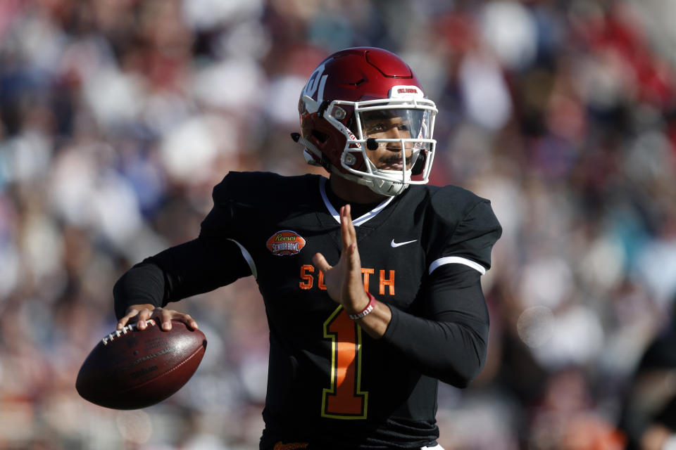 South quarterback Jalen Hurts of Oklahoma (1) throws a pass during the first half of the Senior Bowl college football game Saturday, Jan. 25, 2020, in Mobile, Ala. (AP Photo/Butch Dill)