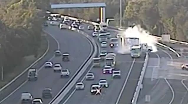 The force the truck uses to stop is demonstrated in the smoke seen coming from it. Photo: 7 News