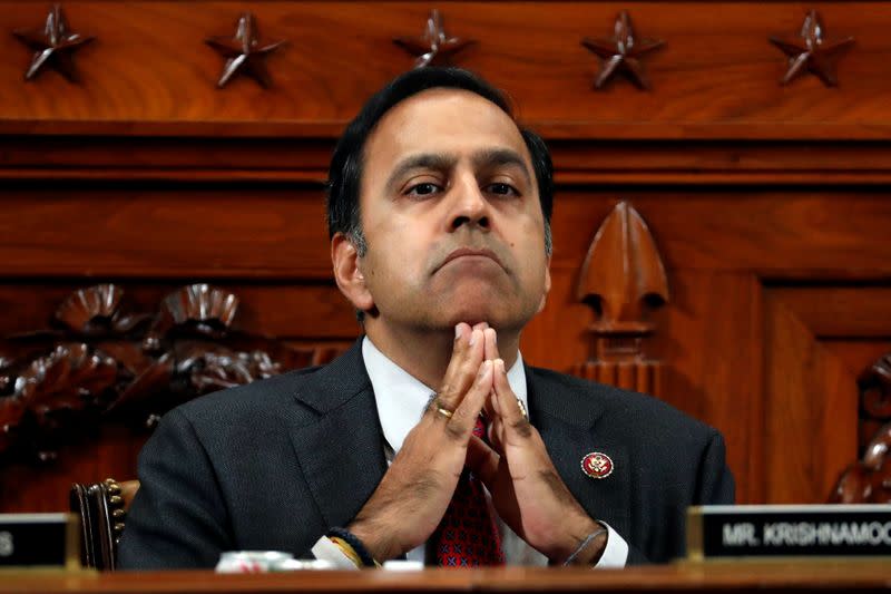 Rep. Raja Krishnamoorthi, D-Ill., listens as Ambassador Kurt Volker, former special envoy to Ukraine, and Tim Morrison, a former official at the National Security Council, testify before the House Intelligence Committee