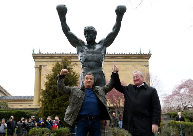 Sylvester Stallone with Philadelphia Mayor Jim Kenney at the Rocky statue in Philadelphia in 2018.