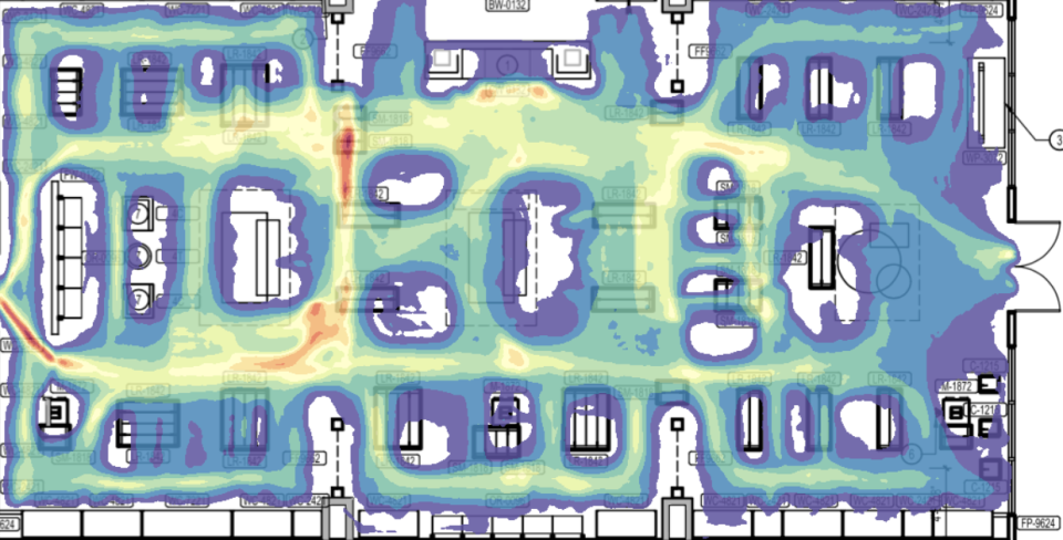 Data from the cameras can be turned into a heat map, showing where customers and employees go. (RetailNext)