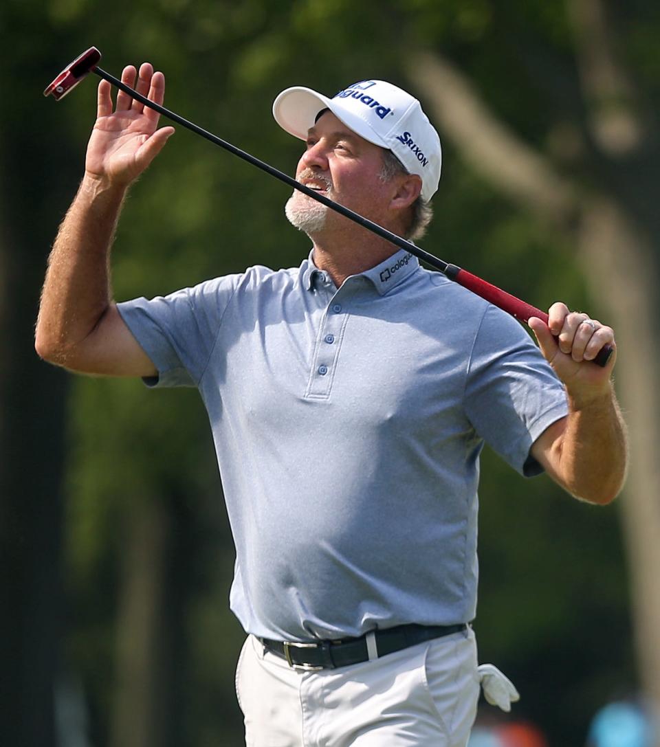 Jerry Kelly reacts to missing a putt during the 2021 Bridgestone Senior Players Championship at Firestone Country Club. Kelly finished second to Steve Stricker last year after winning the event in 2020.