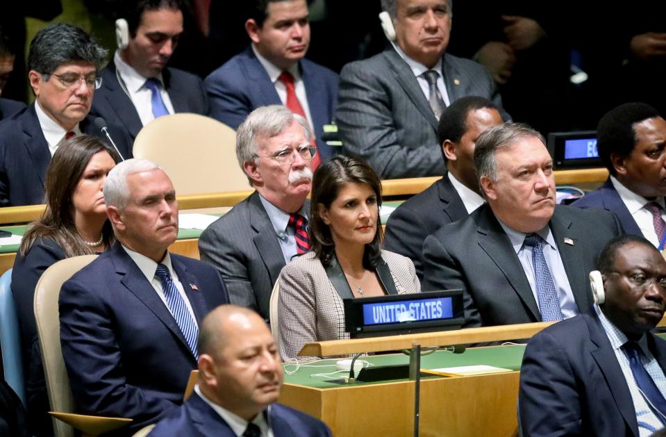 Vice President Mike Pence, National Security Advisor John Bolton, U.N. Ambassador Nikki Haley and Secretary of State Mike Pompeo listens as President Donald Trump addresses the United Nations General Assembly on Sept. 25, 2018.