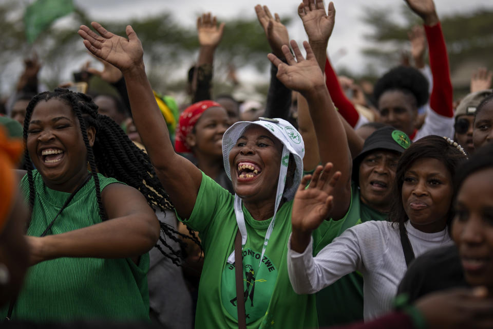 Supporters of Ukhonto weSizwe party react during an election meeting in Mpumalanga, near Durban, South Africa, Saturday, May 25, 2024, ahead of the 2024 general elections scheduled for May 29. (AP Photo/Emilio Morenatti)