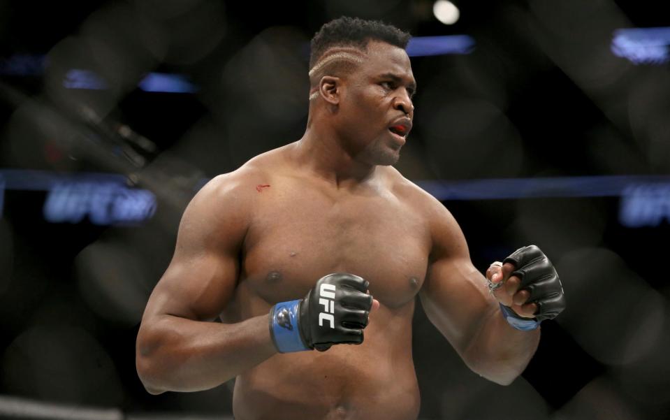 Francis Ngannou during a heavyweight championship mixed martial arts bout against Stipe Miocic at UFC 220