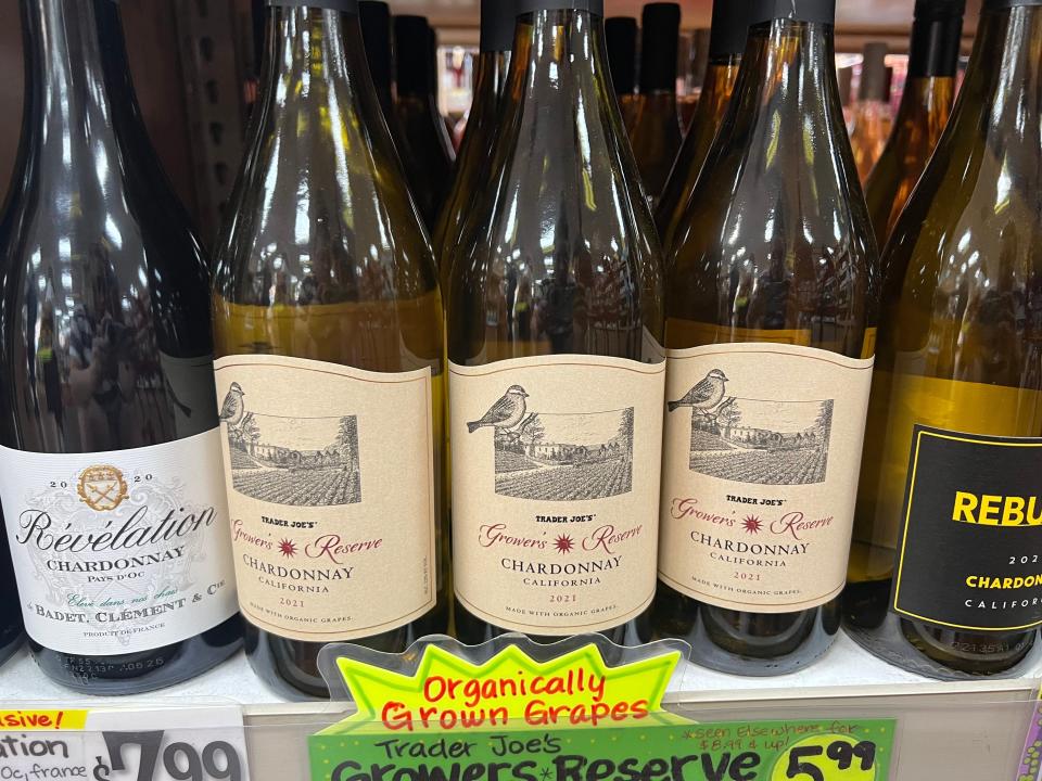 Bottles of chardonnay on a shelf at Trader Joe's