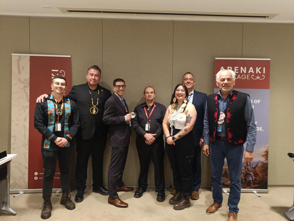Members of the United Nations delegation (left to right): Isaak Lachapelle-Gill, youth representative; Jacques Watso, councillor, Abenaki Council of Odanak; Martin Gill, councillor, Abenaki Council of Odanak; Rick O'Bomsawin, chief of the Abenakis of Odanak; Sigwanis Lia Lachapelle, W8banaki youth representative; Daniel Nolett, executive director at the Abenaki Council of Odanak; and Ghislain Picard, chief of the Assembly of First Nations Quebec-Labrador.