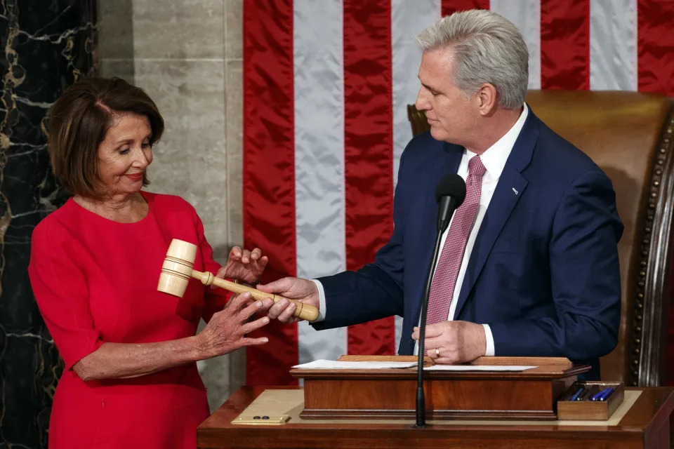 FILE - Nancy Pelosi of California takes the gavel from House Minority Leader Kevin McCarthy, R-Calif., after being elected House Speaker at the Capitol in Washington, Jan. 3, 2019. (AP Photo/Carolyn Kaster, File)