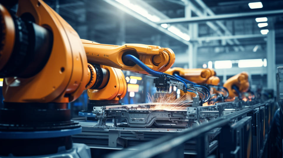 A robotic arm assembling a power conversion module on a production line.