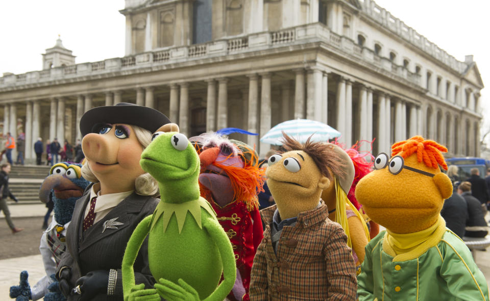 This image released by Disney shows muppet characters, from left, Gonzo, Miss Piggy, Kermit, Floyd Walter and Scooter in a scene from "Muppets Most Wanted." (AP Photo/Disney Enterprises, Inc., Jay Maidment)