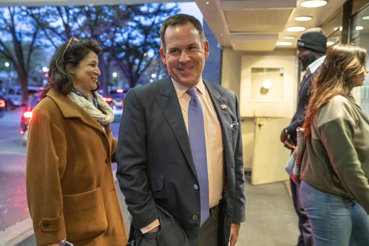 Adam Frisch, a Democratic candidate in Colorado's 3rd Congressional district, arrives at the Hyatt Regency, in Washington, Sunday, Nov. 13, 2022. (AP Photo/Amanda Andrade-Rhoades)