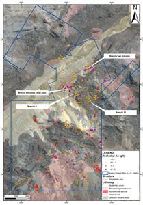 Chanape Project Geology. Over 20 breccias have been defined in the project to date, with 6 of these having been drilled by the previous owners. These breccias are clustered around a series of Cu-Mo mineralised intrusions. Exploration is currently focused on the centre of the project area, however reconnaissance of the southern part of the project has already identified numerous mineralised breccias and veins.