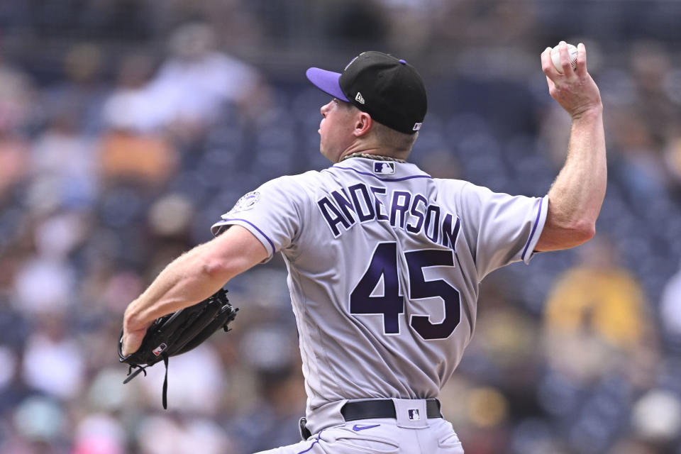 Colorado Rockies starting pitcher Chase Anderson (45) delivers during the second inning of a baseball game against the San Diego Padres Wednesday, Sept. 20, 2023, in San Diego. (AP Photo/Denis Poroy)