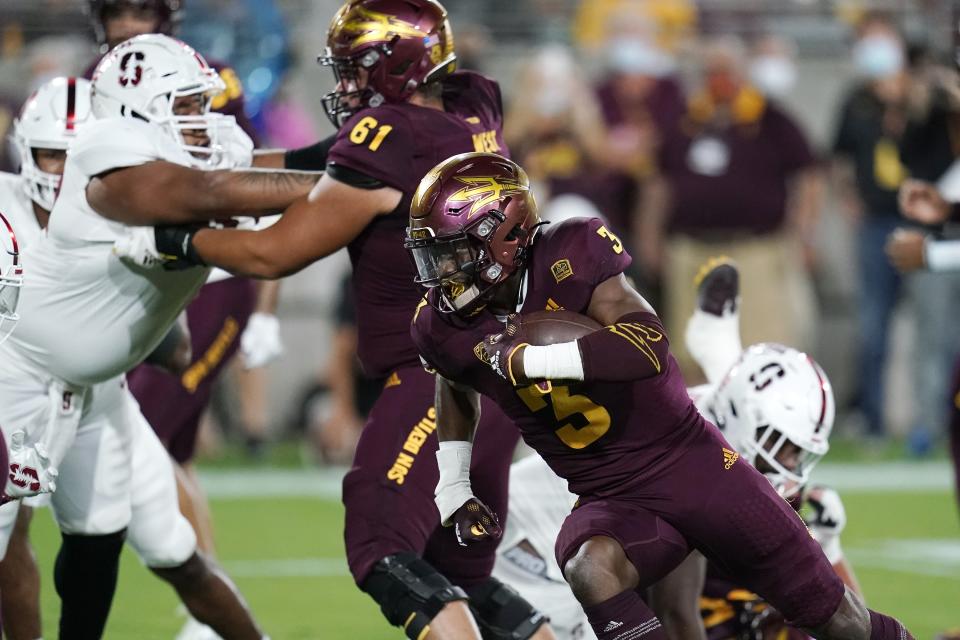 Arizona State running back Rachaad White (3) runs for a touchdown against Stanford during the first half of an NCAA college football game Friday, Oct. 8, 2021, in Tempe, Ariz. (AP Photo/Ross D. Franklin)