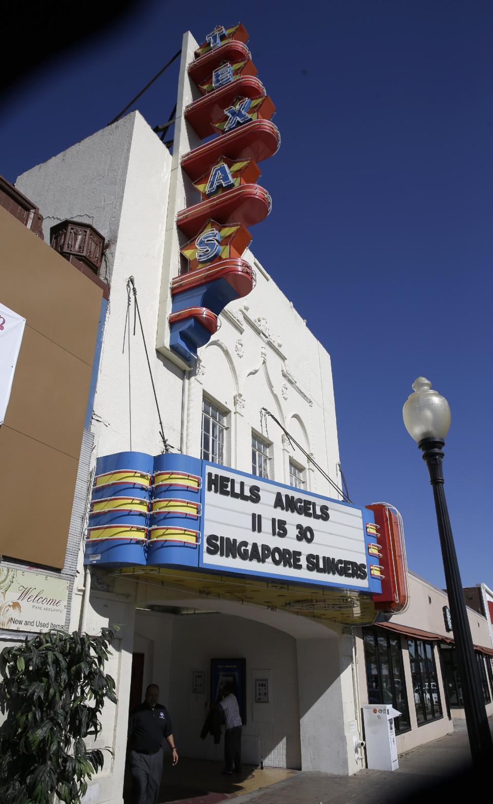 The Texas Theatre is shown in the Oak Cliff section of Dallas, Thursday, Oct. 31, 2013. Lee Harvery Oswald was arrested inside the theater Nov. 22, 1963, after the assassination of President John F. Kennedy. (AP Photo/LM Otero)