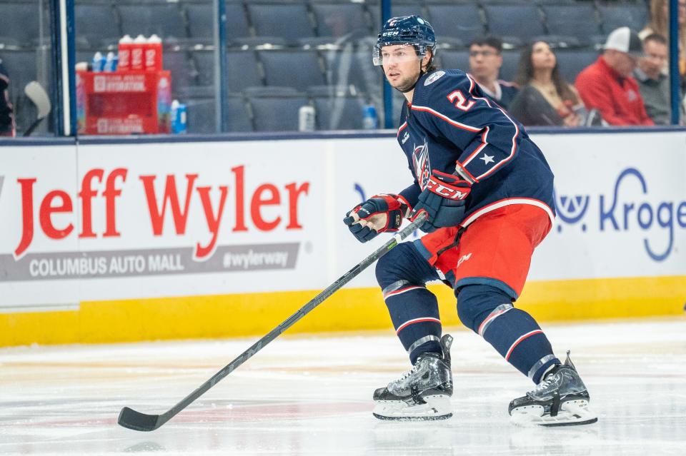 Oct 4, 2023; Columbus, Ohio, United States;
Columbus Blue Jackets defenseman Andrew Peeke (2) gets ready as players rush towards him during their game against the Buffalo Sabres on Wednesday, Oct. 4, 2023 at Nationwide Arena.