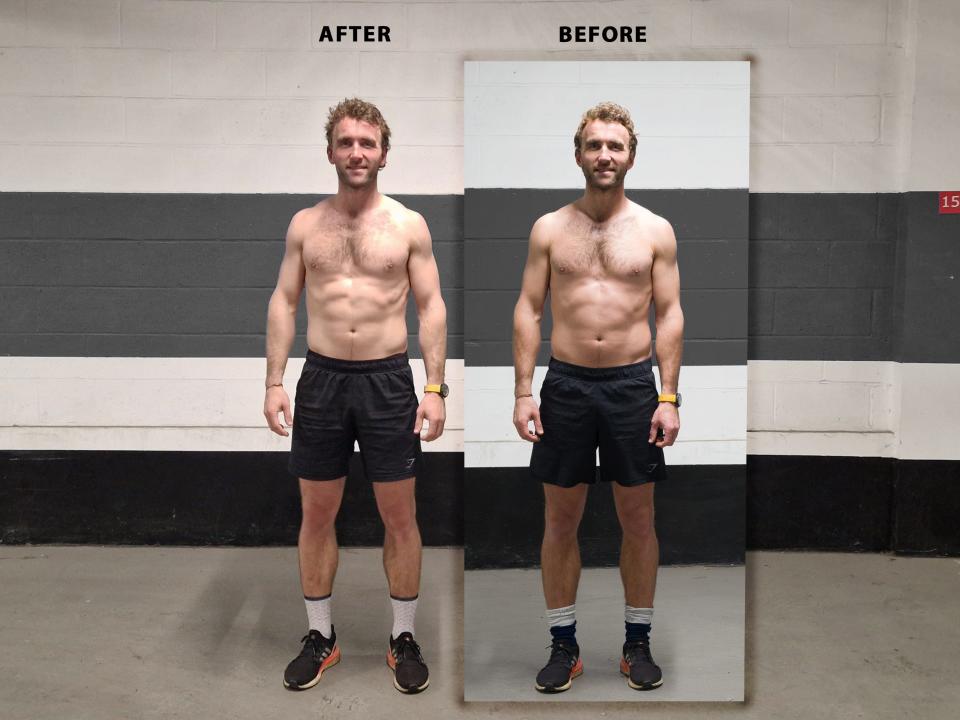 A before and after image of Ross wearing a pair or trainers and black shorts at the start and end of the experiment.