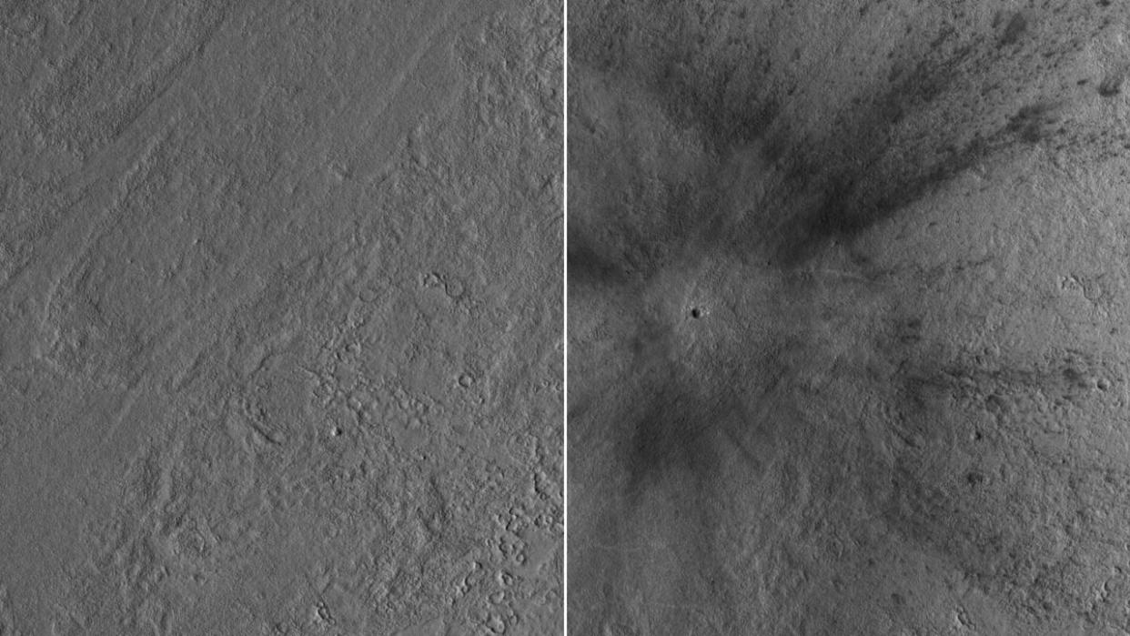 Die Oberfläche des Mars vor und nach dem Aufprall des Meteoriten. (Foto: NASA/JPL-Caltech/MSSS) 