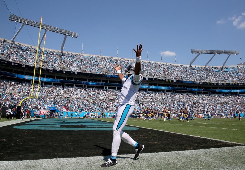 Cam Newton #1 of the Carolina Panthers celebrates after his team scores a touchdown during their game against the Los Angeles Rams at Bank of America Stadium on September 08, 2019 in Charlotte, North Carolina. (Photo by Streeter Lecka/Getty Images)