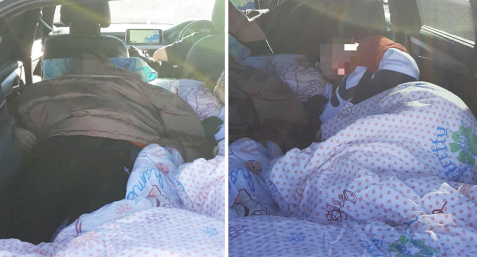 The two teens were caught sleeping in the back of the BMW without seatbelts. Source: Traffic and Highway Patrol - NSW Police