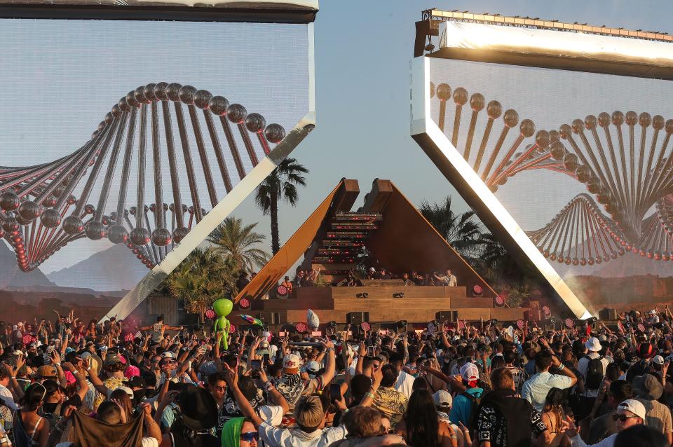 Eric Prydz x Anyma perform on the Quasar stage during the second weekend of the Coachella Valley Music and Arts Festival in Indio, Calif., April 20, 2024.