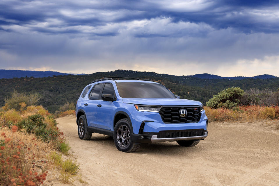 This photo provided by Honda shows the 2023 Honda Pilot, a midsize three-row SUV that was fully redesigned for the 2023 model year. (Courtesy of American Honda Motor Co. via AP)