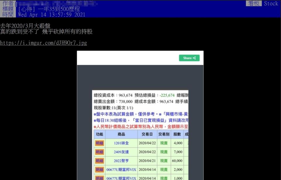 網友在PTT股市版發出股市大賺的心得。 （圖／翻攝自PTT）