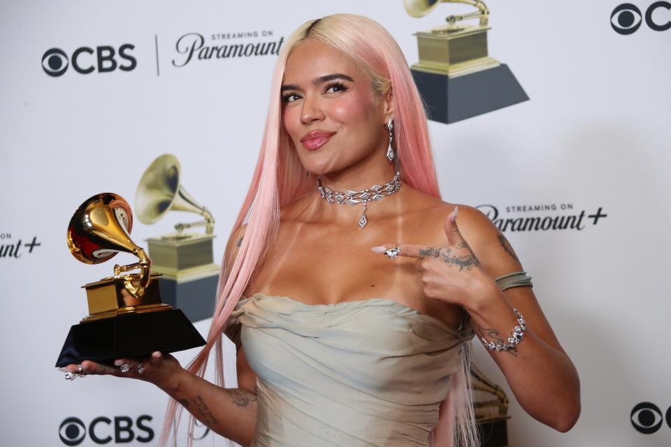 Karol G, winner of Best Musica Urbana Album, for ‘Manana Sera Bonito’ at the 66th Annual Grammy Awards.