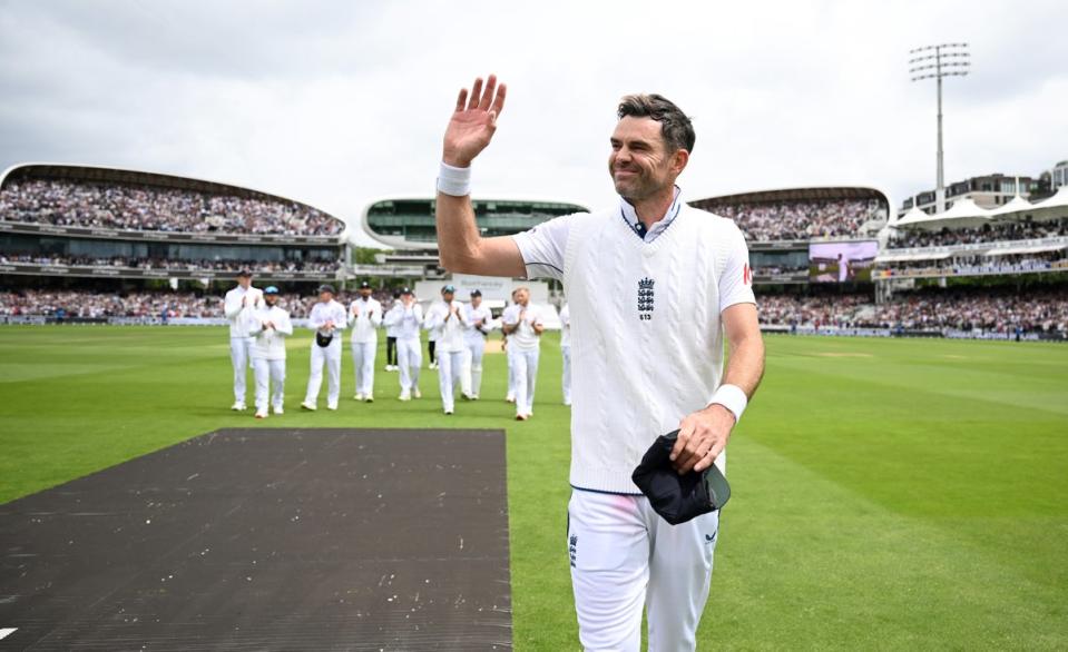 Waving goodbye: James Anderson was serenaded at Lord’s after his 188th and final England Test (Getty Images)