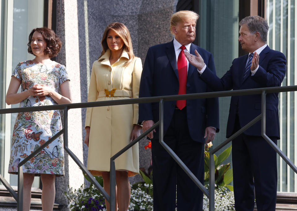 The Tumps met with Finnish president Sauli Niinisto and his wife, Jenni Haukio, on Monday morning. (Photo: AP Photo/Pablo Martinez Monsivais)