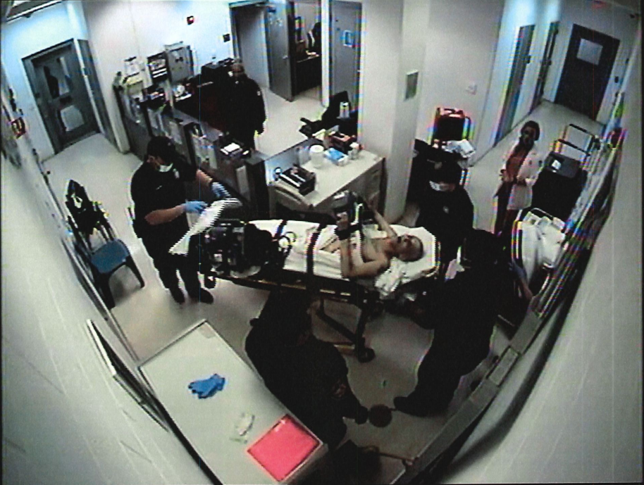 Maggie J. Copeland, 29, of Mansfield, is seen unresponsive as she is taken on a gurney from the Richland County Jail on May 11, 2022 in this jail security footage. She was pronounced dead less than a half hour later at OhioHealth Mansfield Hospital.