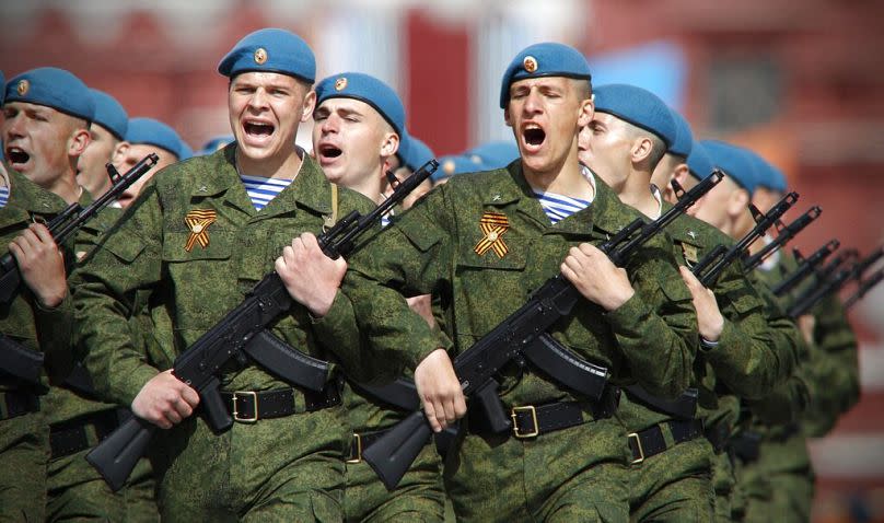 Russian paratroopers march during the Victory Day Parade in Moscow, May 2011