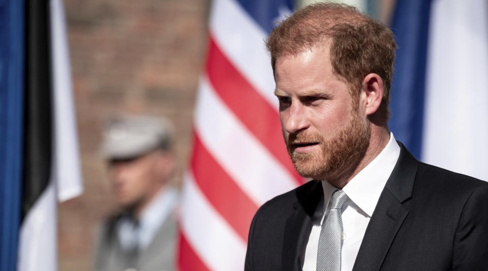 Britain's Prince Harry arrives at the City Hall in Duesseldorf, Germany, Saturday, Sept. 9, 2023 for the opening of the 6th Invictus Games. Delegations from the 21 participating nations and guests gather at a reception hosted by the Lord Mayor at Duesseldorf City Hall. The Paralympic competition for war-disabled athletes is hosted in Germany for the first time. (Fabian Strauch/dpa/dpa via AP)