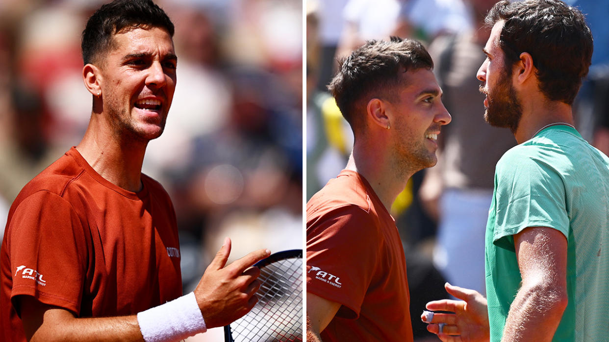 Thanasi Kokkinakis gestures at the chair umpire on the left, and shakes hands with Karen Khachanov on the right.