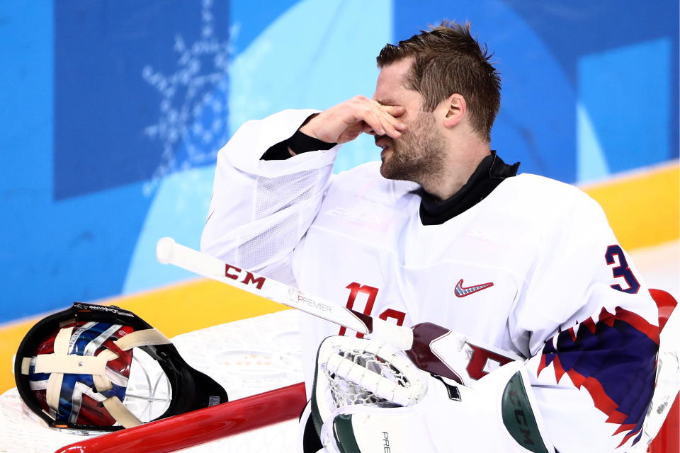 <p>Norway’s goaltender Lars Haugen after conceding a goal in their men’s quarterfinal ice hockey match against Olympic Athletes from Russia during the 2018 Winter Olympic Games, at the Gangneung Hockey Centre. Valery Sharifulin/TASS (Photo by Valery Sharifulin\TASS via Getty Images) </p>