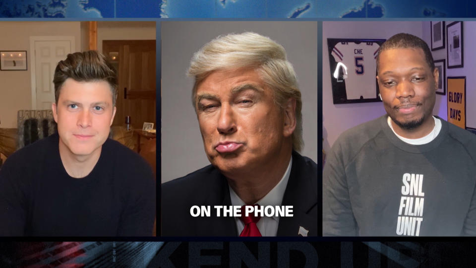 SATURDAY NIGHT LIVE -- "Tom Hanks" Episode 1783Q -- Pictured in this screengrab: (l-r) Anchor Colin Jost, Alec Baldwin as Donald Trump, and Michael Che during Weekend Update on Saturday, April 11, 2020 -- (Photo by: NBC/NBCU Photo Bank via Getty Images)