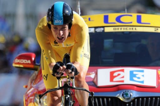 Britain's Bradley Wiggins, stage winner and overall leader's yellow jersey, at the end of the 41.5 km Tour de France solo race on July 9. Wiggins tightened his grip on the yellow jersey with a maiden Tour de France stage victory that heaped the pressure on defending champion Cadel Evans