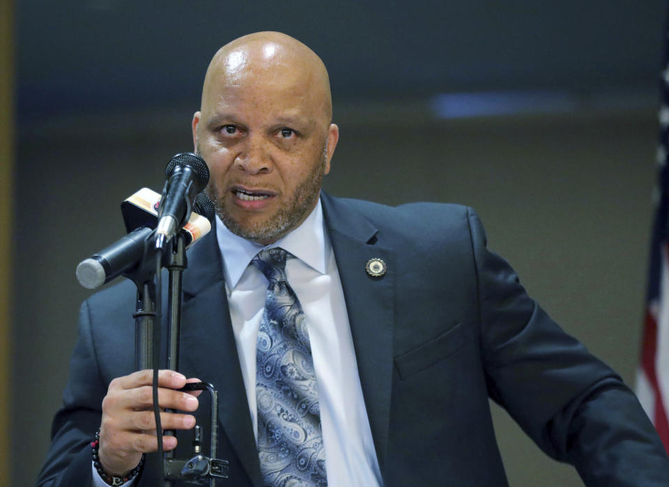 FILE - In an April 23, 2019 file photo, Atlantic City Mayor Frank Gilliam Jr. speaks at the Atlantic City Implementation Plan. Gilliam Jr. has resigned, Thursday, Oct. 3, 2019, after pleading guilty to defrauding a youth basketball club out of $87,000. (Craig Matthews/The Press of Atlantic City via AP, File)