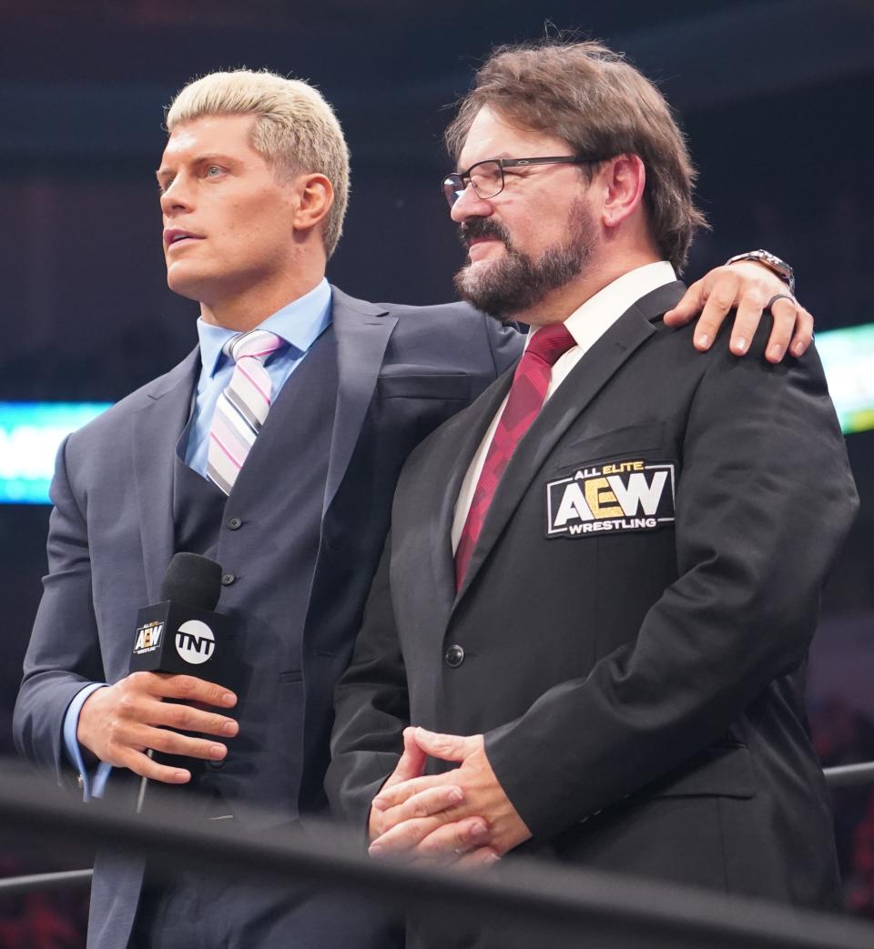 Cody Rhodes and Tony Schiavone are seen as Rhodes announces a stipulation for his match against Chris Jericho at "Full Gear." (Photo Credit: All Elite Wrestling)