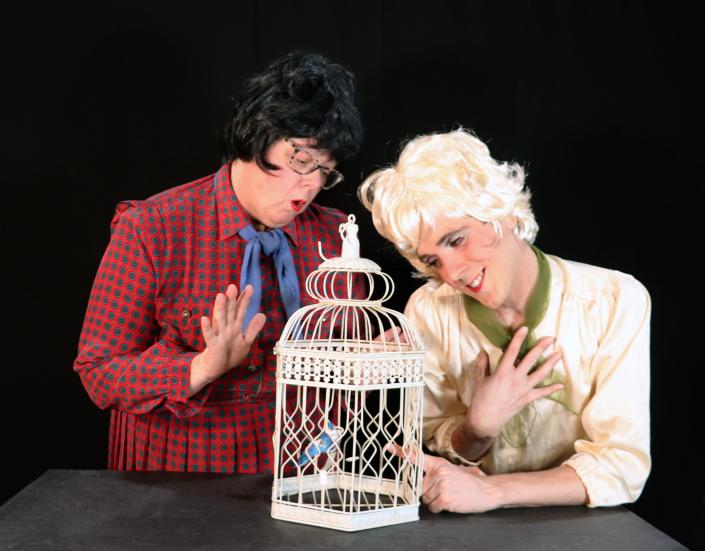 Mrs. Bundy (Holly Zammerilla) warns Melanie Daniels (Steven Michael Kennedy) that the birds bite in a scene from Lab Theater's &quot;The Birds: A Parody.&quot;