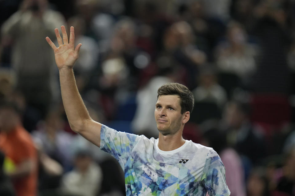 Hubert Hurkacz of Poland reacts after defeating Sebastian Korda of the United States in the men's singles semifinal match of the Shanghai Masters tennis tournament at Qizhong Forest Sports City Tennis Center in Shanghai, China, Saturday, Oct. 14, 2023. (AP Photo/Andy Wong)