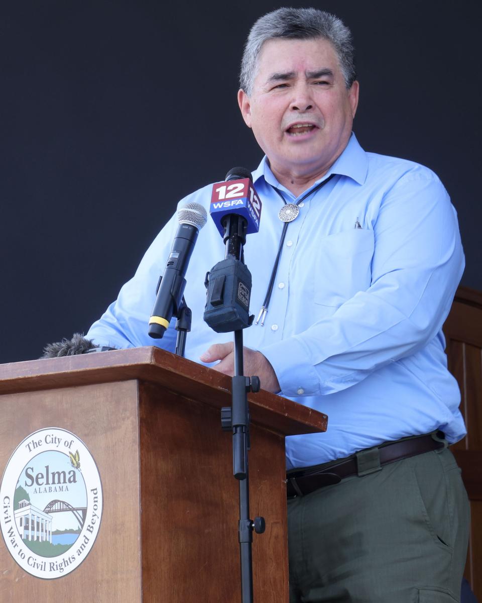 Jaime Pinkton, Deputy Assistant Secretary of the Army for Civil Works, speaks during the ribbon-cutting ceremony for the completion of Project 14 in Selma, Alabama, July 8, 2024. Project 14 was a U.S. Army Corps of Engineers, Mobile District project that stabilized the bank of the Alabama River behind the historic train depot in Selma.