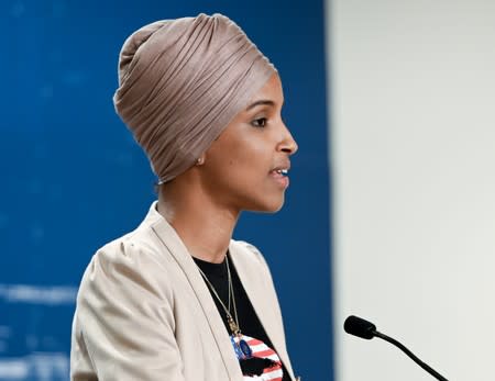 U.S. Representative Ilhan Omar speaks as she discusses travel restrictions to Palestine and Israel during a news conference in St Paul