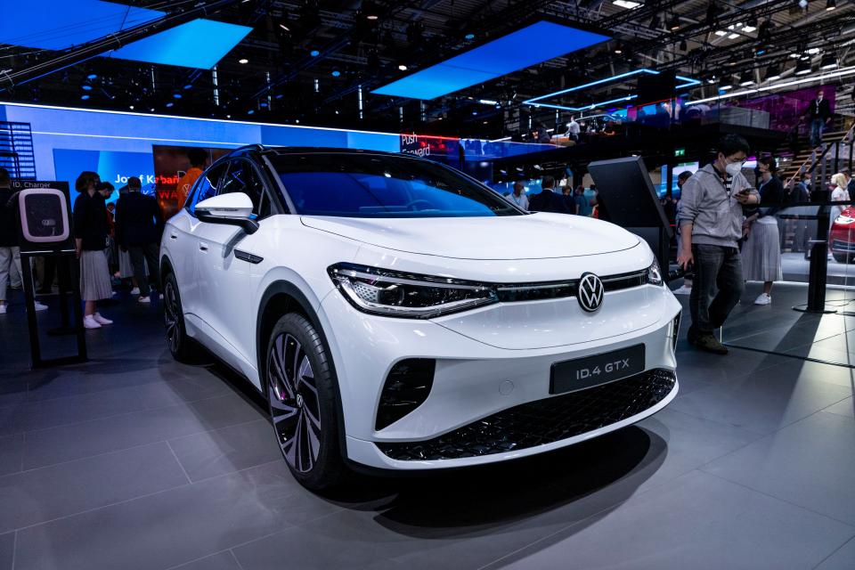 A Volkswagen ID.4 GTX car is presented at the Munich Motor Show IAA Mobility on Sept. 6, 2021 in Munich, Germany.