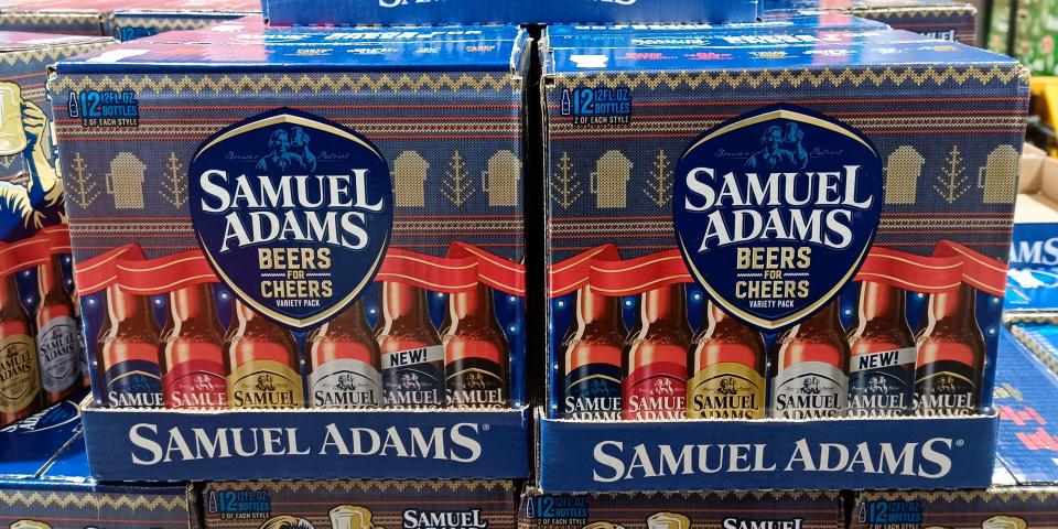 blue and red boxes of Samuel Adams holiday beer at Costco