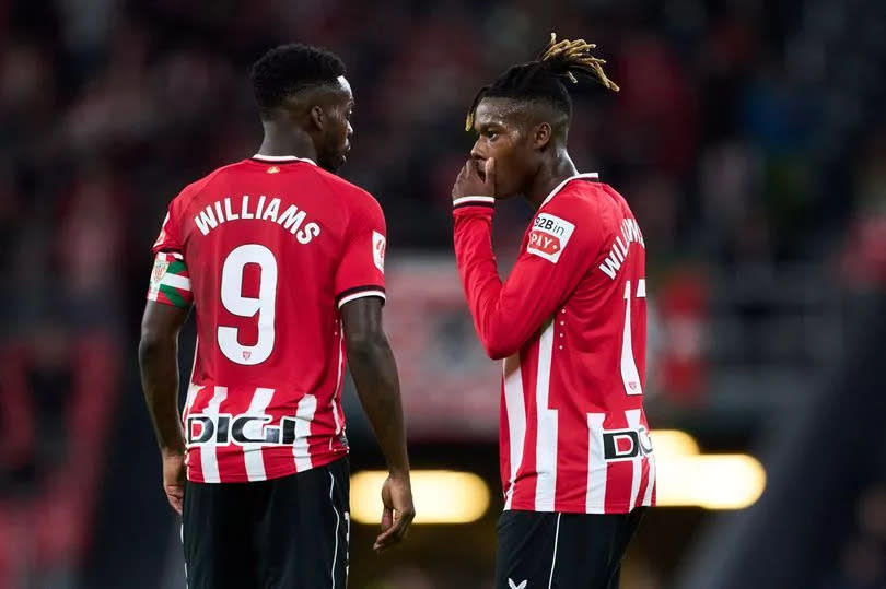 Inaki Williams of Athletic Club argues with Nico Williams of Athletic Club during the LaLiga EA Sports match between Athletic Bilbao and UD Las Palmas at Estadio de San Mames on December 20, 2023 in Bilbao, Spain.